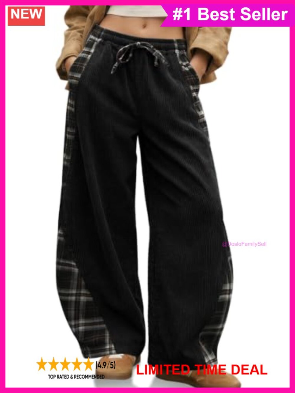 Corduroy Barrel Pants Plaid Patchwork Drawstring Waist Y2K Streetwear